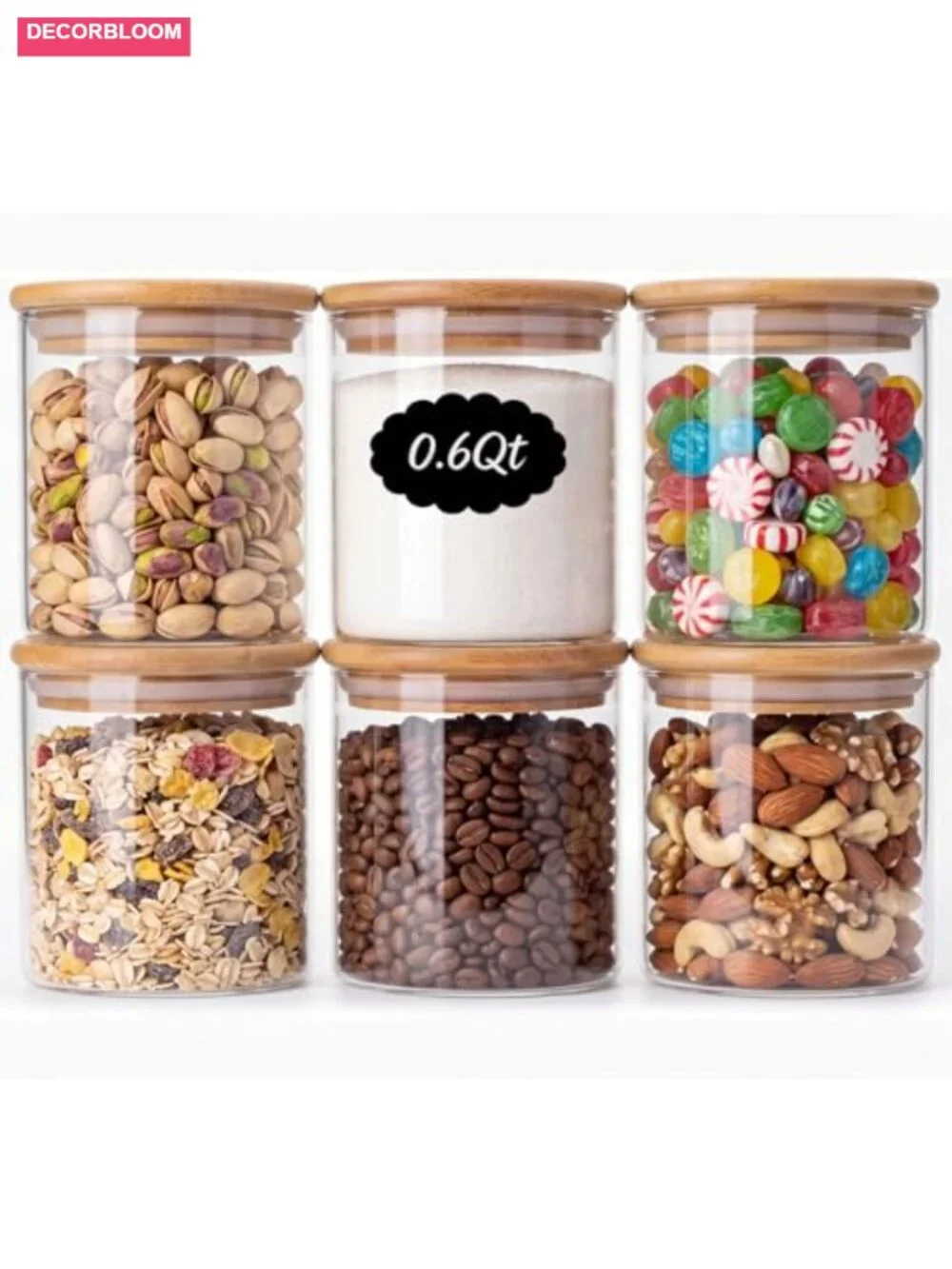 6-Pack 0.6Qt Small Round Glass Storage Jars with Bamboo Lids